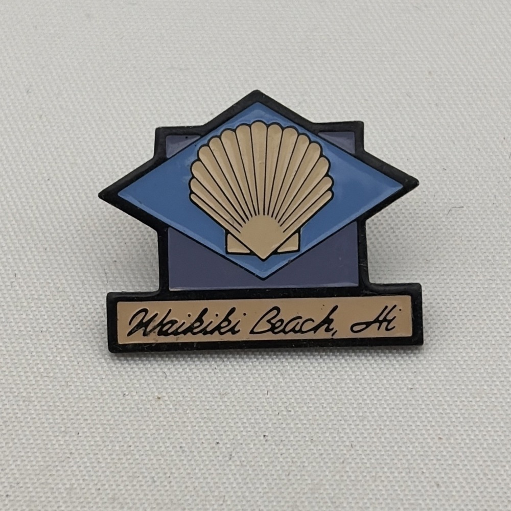 Waikiki Beach Hawaii Seashell Lapel Hat Pin Vintage Souvenir Blue Gold